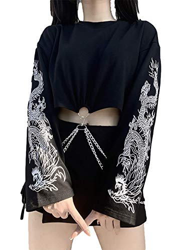 TSMNZMU Damen Gothic Crop Tops Punk Drachen Print Shirt Langarm Rundhalsausschnitt Grunge Alt Emo Tops mit Eisenkette, Goth Black, L von TSMNZMU
