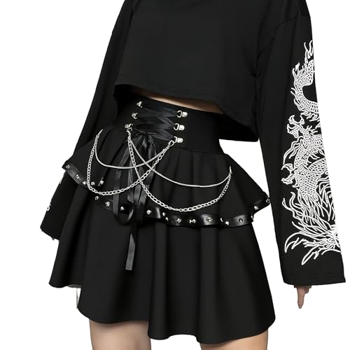 TSMNZMU Damen Gothic Plissee Minirock Steampunk hohe Taille doppellagig kurze Röcke A-Linie rot kariert Faltenrock, Schwarz, XX-Large von TSMNZMU