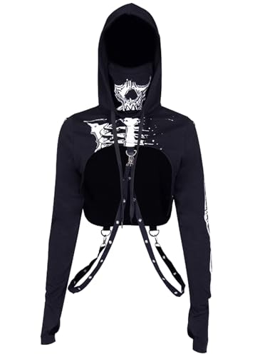 TSMNZMU Damen Gothic Cropped Hoodie Langarm Punk Grunge Skull Print Shirt Mall Goth Alt Emo Tops mit Eisenkette, Kurzes Sommer-T-Shirt, Mittel von TSMNZMU