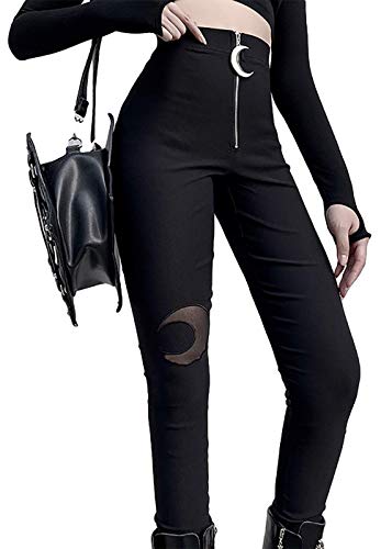 TSMNZMU Gothic Punk Damen Hose Hohe Taille Schwarz Moon Sexy Reißverschluss Skinny Leggings Hose Gothic Streetwear Hose Yogahose, Schwarz, Mittel von TSMNZMU