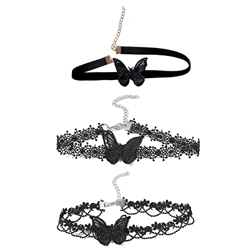 TSMORY 3 Stück Spitzen-Schmetterlings-Halskette, Vintage-Stil, schwarz, Halsband, Schlüsselbeinkette, Feen-Schmuck für Frauen und Mädchen von TSMORY
