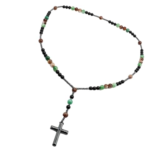 TSMORY Elegante Perlenkreuz-Halskette mit Steinen für Herren, religiöse, spirituelle Unisex-Halskette, Cross size: 3cm*4.2cm Inner circle length: 70cm, Natürlicher Vulkanstein von TSMORY