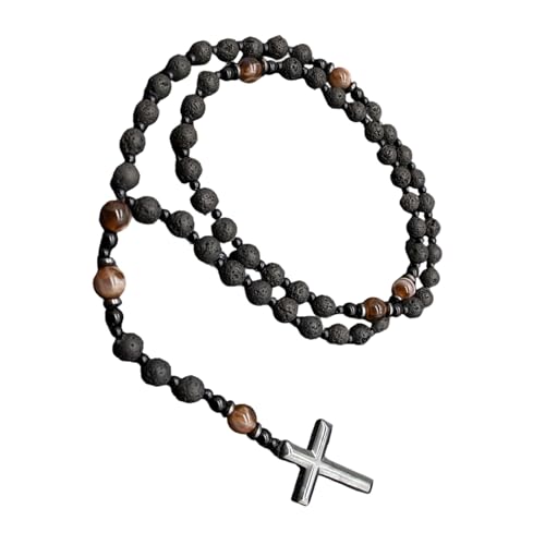 TSMORY Elegante Perlenkreuz-Halskette mit Steinen für Herren, religiöse, spirituelle Unisex-Halskette, Cross size: 3cm*4.2cm Inner circle length: 70cm, Natürlicher Vulkanstein von TSMORY