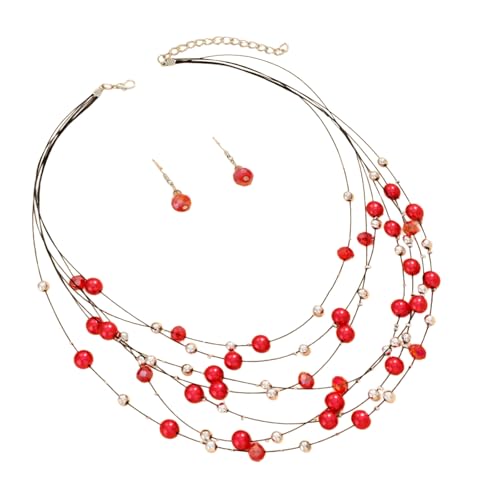 TSMORY Elegantes, mehrfarbiges Perlenschmuck-Set, festliche Damen-Halskette und Ohrringe, Schmuck-Set mit mehrschichtigen Kristallperlen, 44 cm, Kunstperlen-Glas von TSMORY