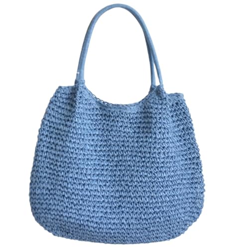 TSMORY Geflochtene Stroh-Handtasche, großes Fassungsvermögen, gewebte Umhängetasche, modisch, einfarbig, Korbtasche für Strandurlaub, blau, 50*2*34cm von TSMORY