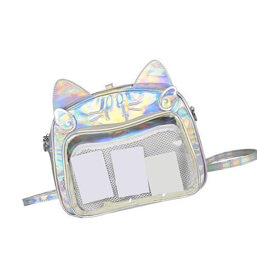 TSMORY Itabag Rucksack mit japanischen Anime-Katzen, PU-Leder, für Damen und Teenager, Mädchen, Pin-Display, transparente Umhängetasche mit verstellbaren Trägern, silber, 26*13*22cm von TSMORY