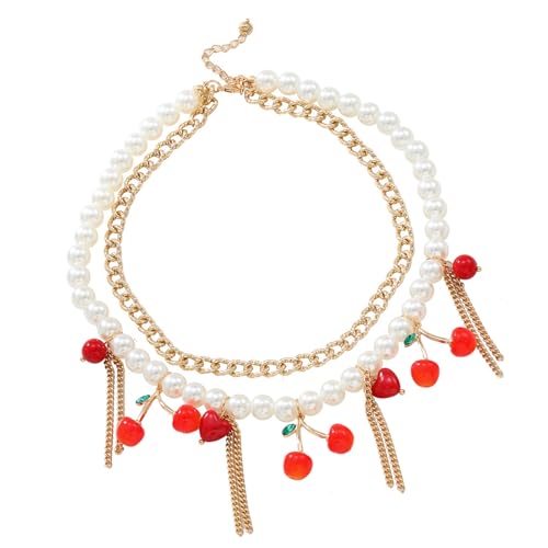 TSMORY Trendige doppellagige Quasten, Kirschenanhänger, Halskette, Schmuck-Accessoire für modische Frauen, für den täglichen Gebrauch, Freizeitkleidung von TSMORY