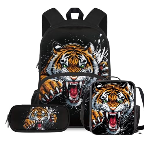 TSOVTHRID 3-in-1-Schulrucksack für Jungen, leichte Büchertasche für Jungen, mit Lunchbox, Teenager, Schultaschen für 8–9 Jahre, Tigermuster TSOVTHRID 3-in-1-Schulrucksack für Jungen, leichte Büchertasche für Jungen, mit Lunchbox, Teenager, Schultaschen für 8–9 Jahre, Tigermuster von TSOVTHRID