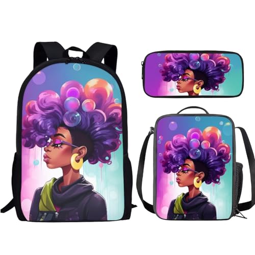 TSOVTHRID Afrikanisches Mädchen Schulranzen Set mit 3 Laptop-Rucksack, Lunch-Tasche, Federmäppchen, Stifteetui für Reisen, Afrikanische Frau-1 von TSOVTHRID