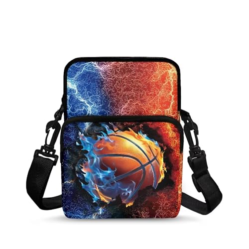 TSOVTHRID Damen 2-lagige Umhängetasche, Reisetasche, Umhängetasche, Hüfttasche, Handygeldbörse, Basketball Blau Rot Flamme, One Size von TSOVTHRID