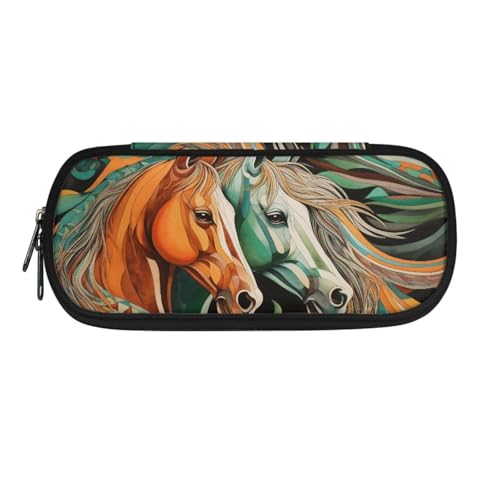 TSOVTHRID Federmäppchen, Federmäppchen, Organizer, ästhetisches Federmäppchen für Schulbedarf, Braun-grünes Pferde-Kunst-Design, Kosmetikkoffer von TSOVTHRID