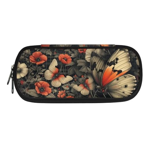 TSOVTHRID Federmäppchen, tragbares Federmäppchen, hohe Kapazität, Federmäppchen, Organizer, Goldfarbene rote Schmetterlinge, Mohnblumen, Kosmetikkoffer von TSOVTHRID