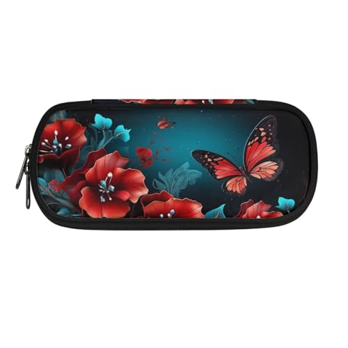 TSOVTHRID Federmäppchen, tragbares Federmäppchen, hohe Kapazität, Federmäppchen, Organizer, Rote Schmetterlingsblume, Kosmetikkoffer von TSOVTHRID