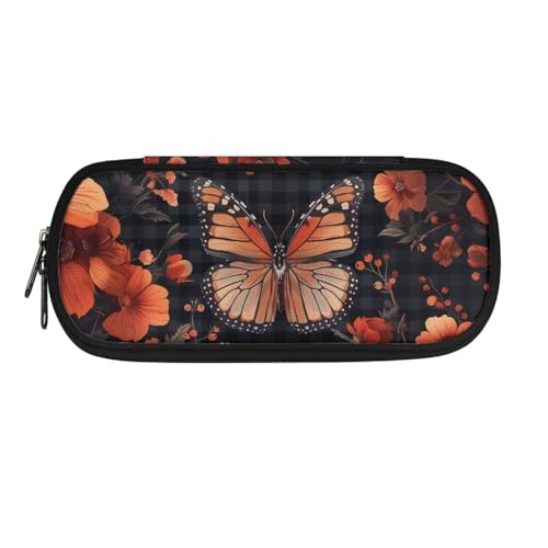 TSOVTHRID Federmäppchen, tragbares Federmäppchen, hohe Kapazität, Federmäppchen, Organizer, Rotes Schmetterlings-Mohnblumen-Plaid, Kosmetikkoffer von TSOVTHRID