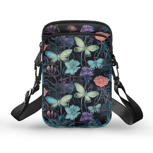 TSOVTHRID Handytasche, Umhängetasche für Damen, 2-lagig, Schultertasche, kleine Schultertasche, Violett-blaues Schmetterlings-Dickicht von TSOVTHRID