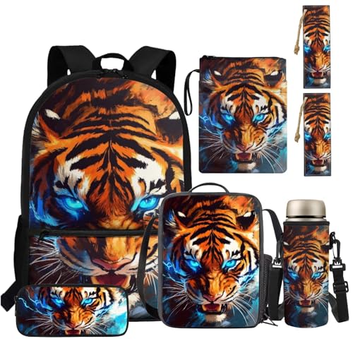 TSOVTHRID Jungen Rucksäcke Alter 6-8 4-6 8-10 Isolierte Lunchbox Tasche Federmäppchen 6 Stück Schulbedarf, Elektrischer Tiger, Daypack Rucksäcke von TSOVTHRID