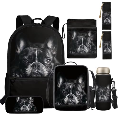 TSOVTHRID Jungen Rucksäcke Alter 6-8 4-6 8-10 Isolierte Lunchbox Tasche Federmäppchen 6 Stück Schulbedarf, Französische Bulldogge, Daypack Rucksäcke von TSOVTHRID