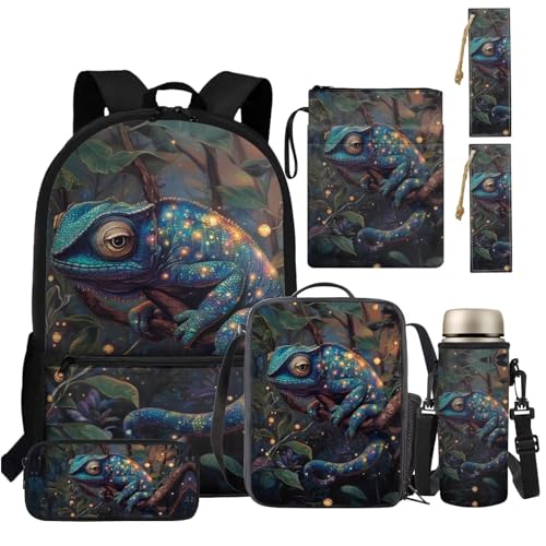 TSOVTHRID Jungen Rucksäcke Alter 6-8 4-6 8-10 Isolierte Lunchbox Tasche Federmäppchen 6 Stück Schulbedarf, Glow Chamäleon, Daypack Rucksäcke von TSOVTHRID