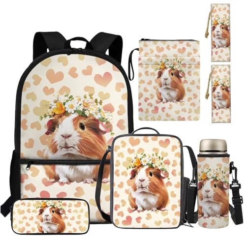 TSOVTHRID Kinderrucksack Mädchen 6-8 4-6 8-10 Jahre Büchertasche mit Lunchbox 6-in-1 43,2 cm Kita-Rucksack, Blumenkrone für Meerschweinchen, Daypack Rucksäcke von TSOVTHRID