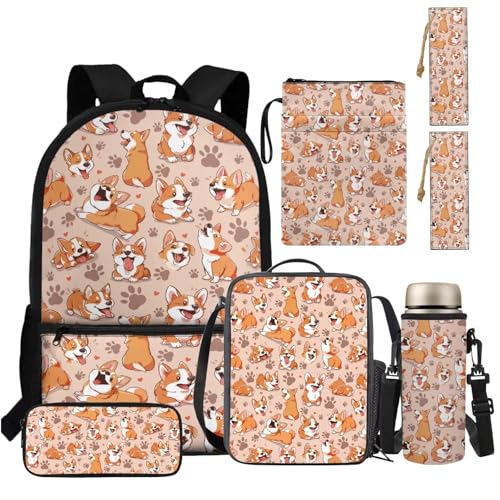 TSOVTHRID Kinderrucksack Mädchen 6-8 4-6 8-10 Jahre Büchertasche mit Lunchbox 6-in-1 43,2 cm Kita-Rucksack, Corgi-Muster, Daypack Rucksäcke von TSOVTHRID