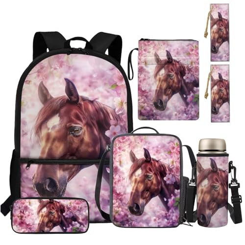 TSOVTHRID Kinderrucksack Mädchen 6-8 4-6 8-10 Jahre Büchertasche mit Lunchbox 6-in-1 43,2 cm Kita-Rucksack, Kirschblüten für Pferde, Daypack Rucksäcke von TSOVTHRID