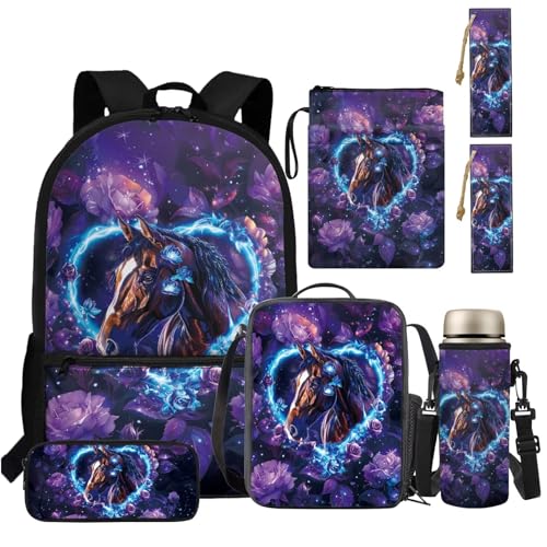 TSOVTHRID Kinderrucksack Mädchen 6-8 4-6 8-10 Jahre Büchertasche mit Lunchbox 6-in-1 43,2 cm Kita-Rucksack, Lila Fantasy Horse, Daypack Rucksäcke von TSOVTHRID