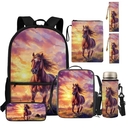 TSOVTHRID Kinderrucksack Mädchen 6-8 4-6 8-10 Jahre Büchertasche mit Lunchbox 6-in-1 43,2 cm Kita-Rucksack, Pferd Sonnenuntergang, Daypack Rucksäcke von TSOVTHRID