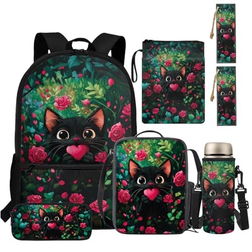 TSOVTHRID Kinderrucksack Mädchen 6-8 4-6 8-10 Jahre Büchertasche mit Lunchbox 6-in-1 43,2 cm Kita-Rucksack, Rosenherz, schwarze Katze, Daypack Rucksäcke von TSOVTHRID