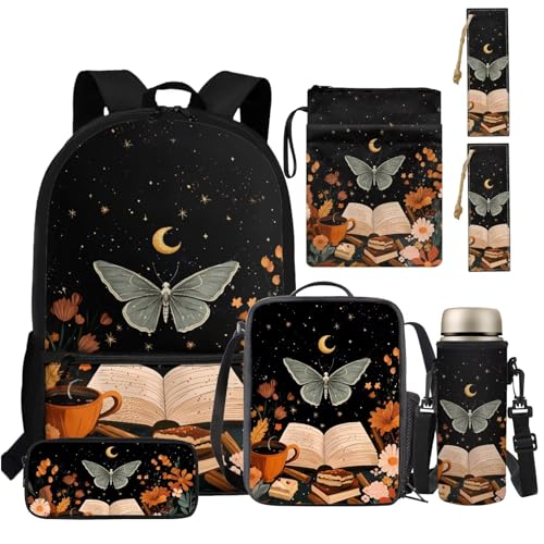 TSOVTHRID Kinderrucksack Mädchen 6-8 4-6 8-10 Jahre Büchertasche mit Lunchbox 6-in-1 43,2 cm Kita-Rucksack, Schmetterlingsbuch Moonlit, Daypack Rucksäcke von TSOVTHRID