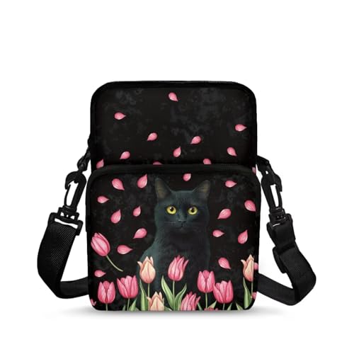 TSOVTHRID Mini-Umhängetasche für Mädchen, Kuriertasche, Handtasche, Hüfttasche, Schwarze Katzentulpe, One Size von TSOVTHRID