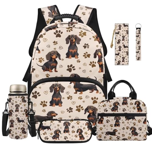 TSOVTHRID Rucksack für Schulmädchen 10-12 6-8 8-10 12-14 Lesezeichen mit Lunchbox Federmäppchen 6 in 1, Dackelmuster, Daypack Rucksäcke von TSOVTHRID