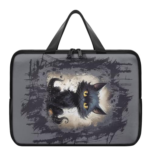 TSOVTHRID Schwarze Katzen-Computerhülle, 33 cm (13 Zoll), Leder, Tablet-Hülle mit Riemen, leichte Computerhülle, Doppelreißverschluss, Laptophülle für Damen von TSOVTHRID