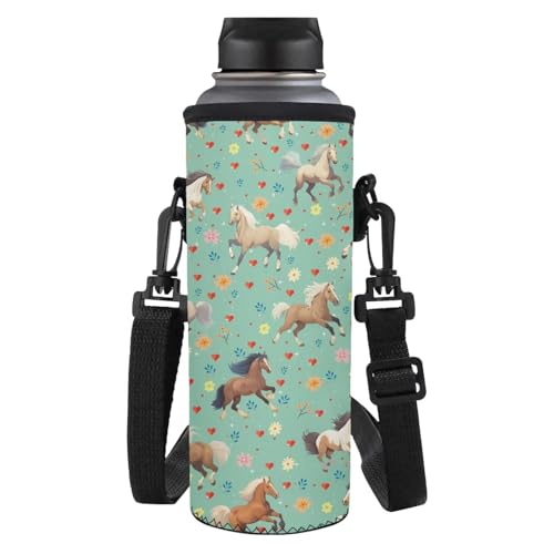 TSOVTHRID Tragbare Wasserflasche mit Gurt für Mädchen, Reisen, Spaziergänge, Pferd Floral, Einheitsgröße, Schulranzen-Set von TSOVTHRID