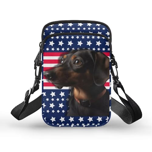 TSOVTHRID Umhängetasche mit 2-lagigem Hundeaufdruck, Umhängetasche für Kinder, Dackel mit amerikanischer Flagge von TSOVTHRID
