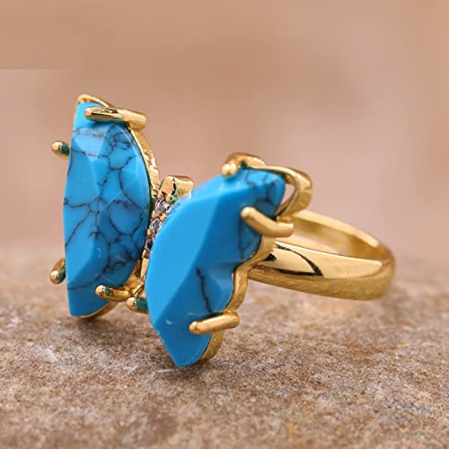 Damen Schmetterling Steinring Böhmen Mia Masun Rose Kristall Gelbgold Verstellbarer Ring Geschenkschmuck,Blau Türkis,17 von TSRING