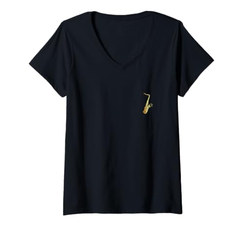 Damen Tenor Sax (Vintage Gelb Links) Saxophonist Saxophon T-Shirt mit V-Ausschnitt von TSS Saxophon T-Shirts und Geschenke