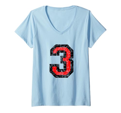 Damen Nummer 3 (Vintage Schwarz/Rot) Nr. 3 T-Shirt mit V-Ausschnitt von TSS T-Shirts und Geschenke mit Zahlen und Nummern