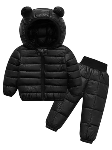 TSSOE 2 Stück Baby Mädchen Jungen Winter Schneeanzug Daunenjacke mit Kapuze Reißverschluss Mantel mit Schnee Skihose 80 86 92 98 Schwarz 92-98 von TSSOE