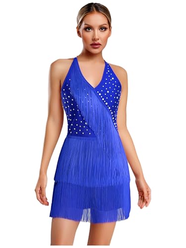 TSSOE Damen Ärmellos Tanztrikot Neckholder Jumpsuit Glitzer Overall mit Fransen Rückenfrei Gymnastikbody Latein Jazz Cha Cha Samba Salsa Tanzanzug Blau S von TSSOE