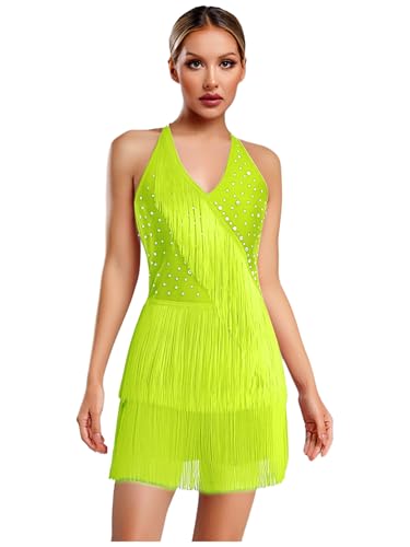 TSSOE Damen Ärmellos Tanztrikot Neckholder Jumpsuit Glitzer Overall mit Fransen Rückenfrei Gymnastikbody Latein Jazz Cha Cha Samba Salsa Tanzanzug Gelb M von TSSOE