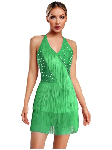 TSSOE Damen Ärmellos Tanztrikot Neckholder Jumpsuit Glitzer Overall mit Fransen Rückenfrei Gymnastikbody Latein Jazz Cha Cha Samba Salsa Tanzanzug Grün M von TSSOE