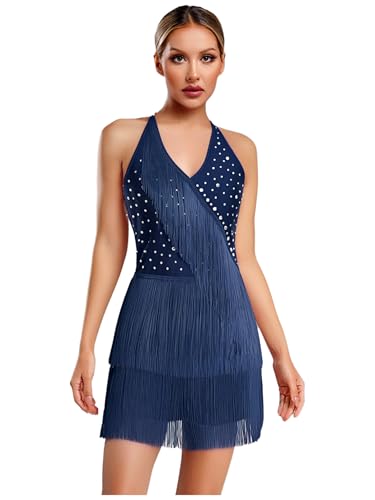 TSSOE Damen Ärmellos Tanztrikot Neckholder Jumpsuit Glitzer Overall mit Fransen Rückenfrei Gymnastikbody Latein Jazz Cha Cha Samba Salsa Tanzanzug Navy blau M von TSSOE