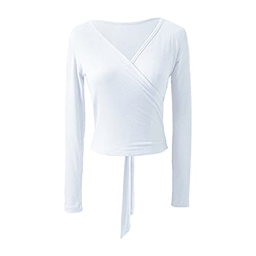 TSSOE Damen Ballettjacke Tanzjacke Bolero Langarm Tanzoberteil Wickeljacke Wickel Tops Ballett Tanz Yoga Gymnastik T-Shirt Tanzbekleidung Dancewear Elfenbein L von TSSOE