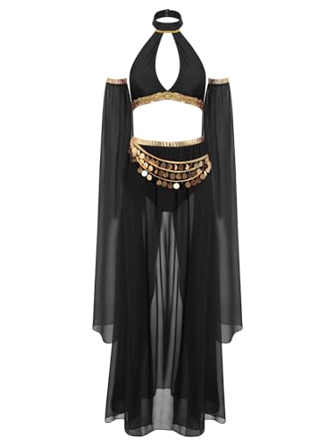 TSSOE Damen Bauchtanz Outfit Hollow Out Neckholder Crop Top Chiffon Rock und abnehmbare Ärmel Bauchtänzerin Tanz Kostüm Schwarz M von TSSOE
