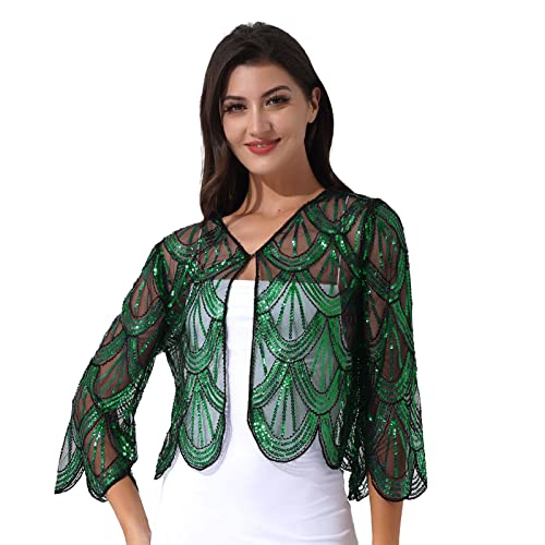 TSSOE Damen Elegant Chiffon Bolero Vorne Offene Kurzarm Schulterjacke Casual Leichte Dünn Tops Durchscheinendes Cardigan Festlich Hochzeit Abend Jacke für Sommer C Schwarz & Grün Einheitsgröße von TSSOE