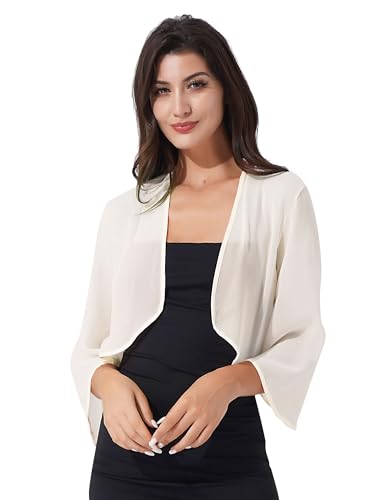 TSSOE Damen Elegant Chiffon Bolero Vorne Offene Kurzarm Schulterjacke Casual Leichte Dünn Tops Durchscheinendes Cardigan Festlich Hochzeit Abend Jacke für Sommer Champagne J 2XL von TSSOE