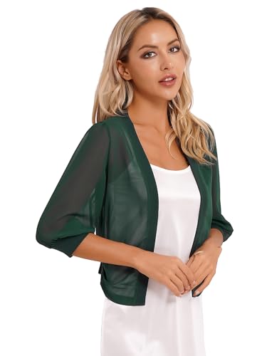 TSSOE Damen Elegant Chiffon Bolero Vorne Offene Kurzarm Schulterjacke Casual Leichte Dünn Tops Durchscheinendes Cardigan Festlich Hochzeit Abend Jacke für Sommer Dunkelgrün N L von TSSOE