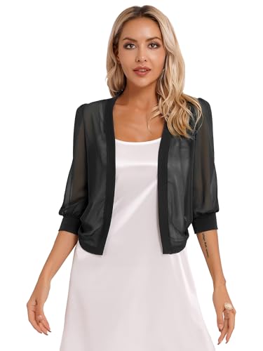 TSSOE Damen Elegant Chiffon Bolero Vorne Offene Kurzarm Schulterjacke Casual Leichte Dünn Tops Durchscheinendes Cardigan Festlich Hochzeit Abend Jacke für Sommer Schwarz N XXL von TSSOE