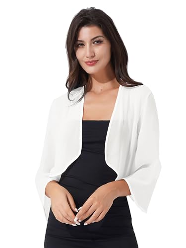 TSSOE Damen Elegant Chiffon Bolero Vorne Offene Kurzarm Schulterjacke Casual Leichte Dünn Tops Durchscheinendes Cardigan Festlich Hochzeit Abend Jacke für Sommer Z Weiß M von TSSOE