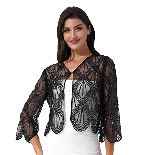 TSSOE Damen Elegant Chiffon Bolero Vorne Offene Schulterjacke Leichte Dünn Tops Durchscheinendes Cardigan Festlich Hochzeit Abend Jacke für Sommer C Schwarz D Einheitsgröße von TSSOE